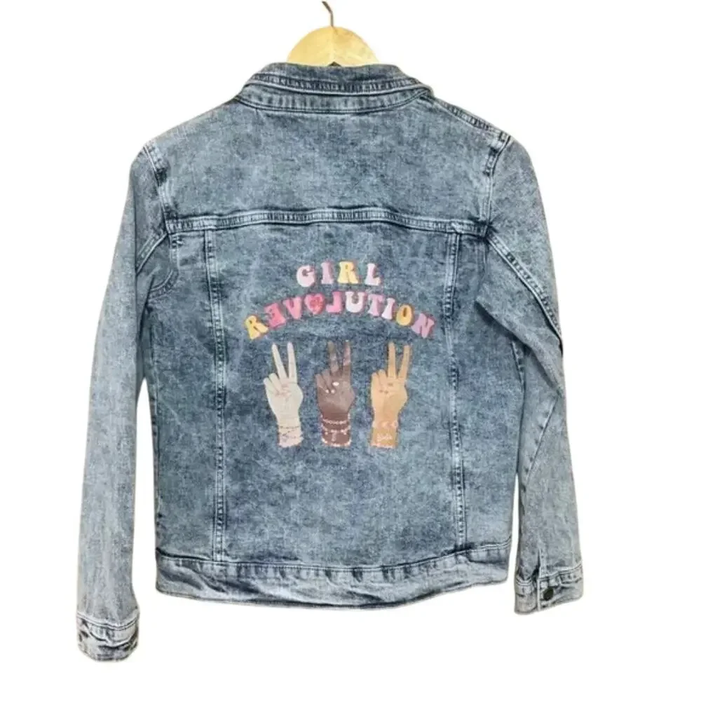 Barbie Girl Revolution Patch Denim Acid Wash Jean Jacket Size XL (14-16) Peace